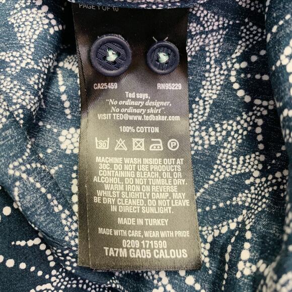 TED BAKER Size XS Calous Navy White Abstract Floral Cotton Short Sleeve Shirt - Picture 6 of 6